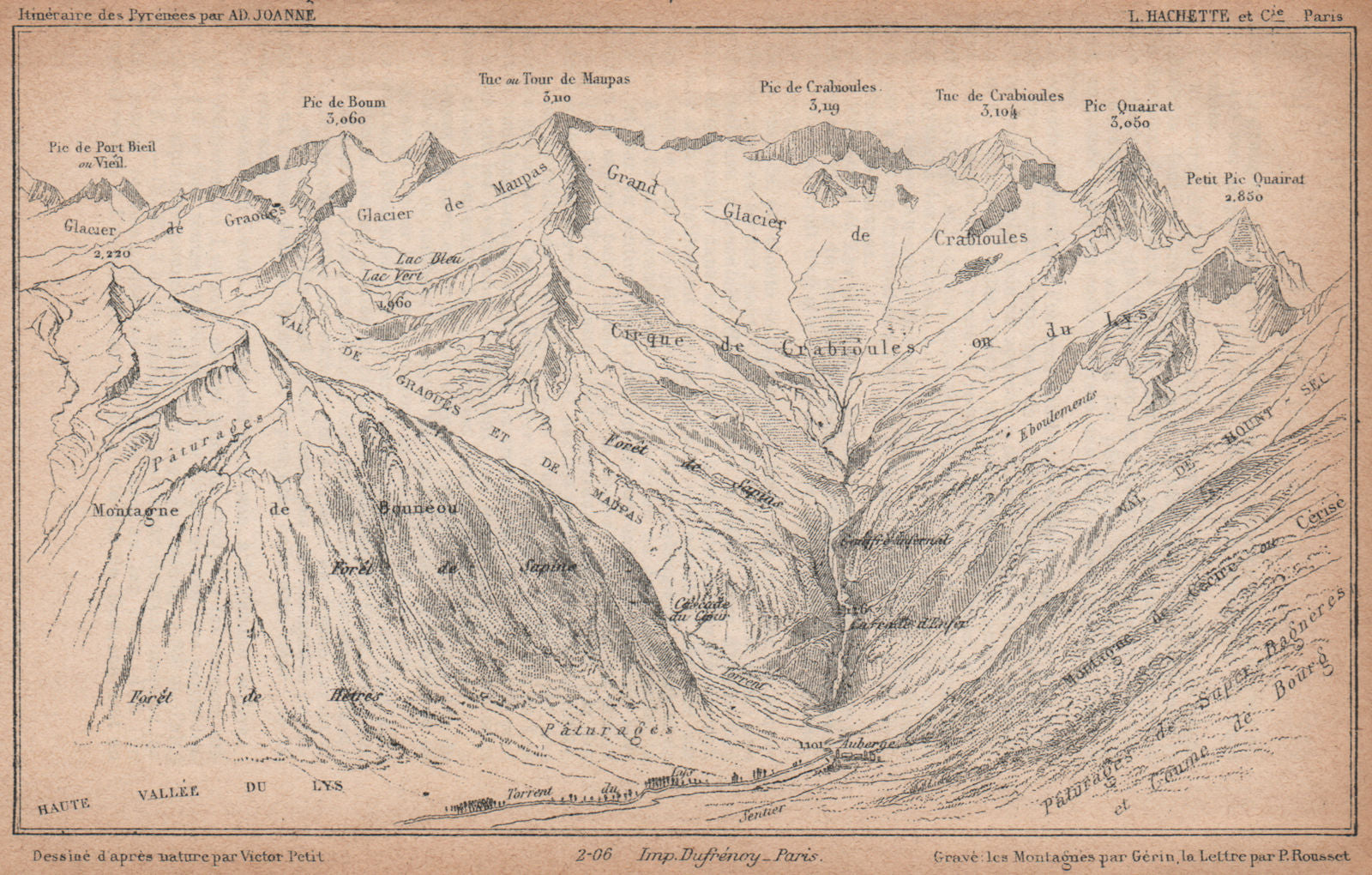 CIRQUE DES CRABIOULES. Vallée du Lis. Pyrénées. Haute-Garonne. Panorama 1907 map